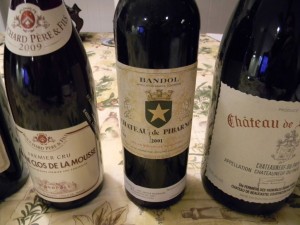 Fine Burgundy and fine Bandol, next to the magnum of Beaucastel