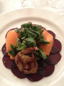 Roast quail breast with beets and yellow paprika mousse